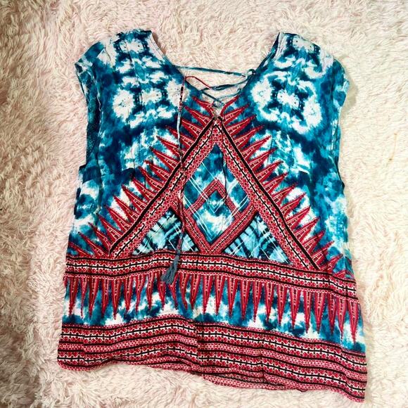 Vintage American Blues Tops - Vintage American‎ Blues Tie Dye Boho Hippie Indie Patchouli Natural Tie Back Top